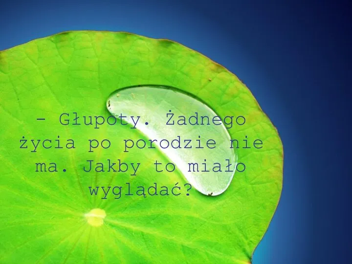 - Głupoty. Żadnego życia po porodzie nie ma. Jakby to miało wyglądać?