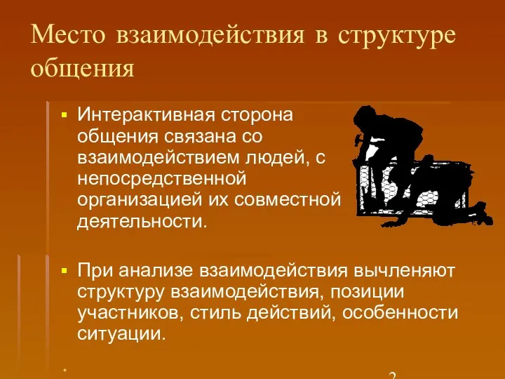 Место взаимодействия в структуре общения Интерактивная сторона общения связана со взаимодействием