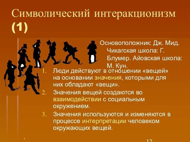 Символический интеракционизм (1) Основоположник: Дж. Мид. Чикагская школа: Г. Блумер. Айовская