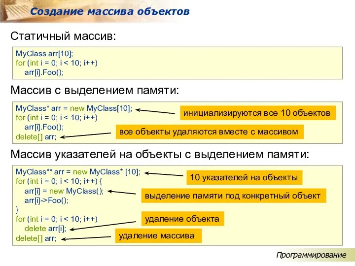 Статичный массив: Создание массива объектов MyClass arr[10]; for (int i =