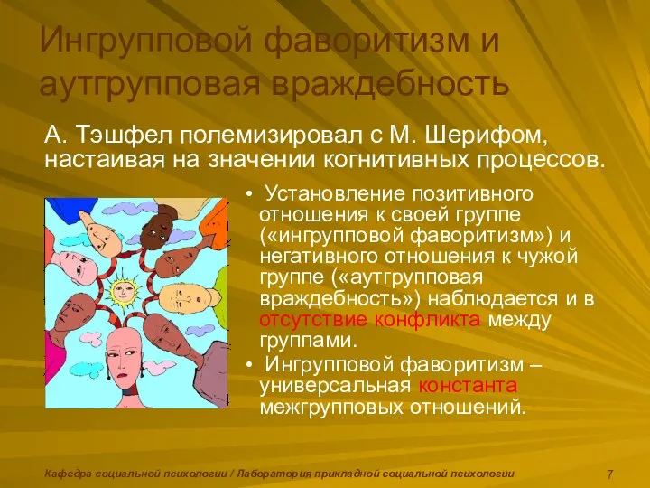 Кафедра социальной психологии / Лаборатория прикладной социальной психологии А. Тэшфел полемизировал