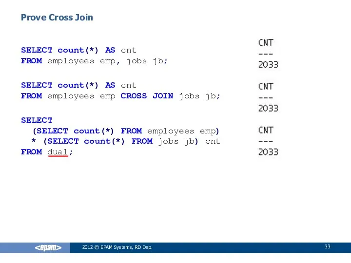 SELECT count(*) AS cnt FROM employees emp, jobs jb; SELECT count(*)