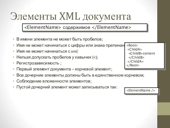 Элементы XML документа В имени элемента не может быть пробелов; Имя