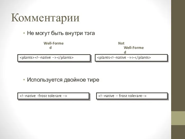 Комментарии Не могут быть внутри тэга Используется двойное тире > Well-Formed Not Well-Formed