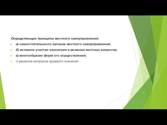 Определяющие принципы местного самоуправления: а) самостоятельность органов местного самоуправления; б) активное