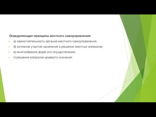 Определяющие принципы местного самоуправления: а) самостоятельность органов местного самоуправления; б) активное