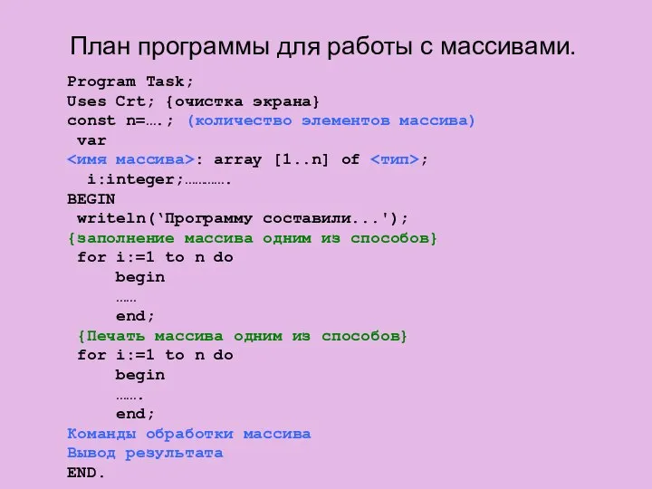 План программы для работы с массивами. Program Task; Uses Crt; {очистка