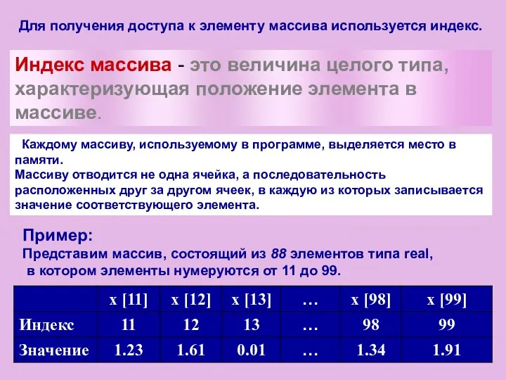 Для получения доступа к элементу массива используется индекс. Пример: Представим массив,