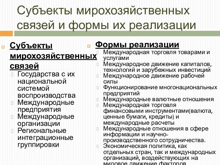 Субъекты мирохозяйственных связей и формы их реализации Субъекты мирохозяйственных связей Государства