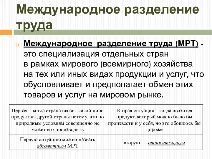 Международное разделение труда Международное разделение труда (МРТ) - это специализация отдельных