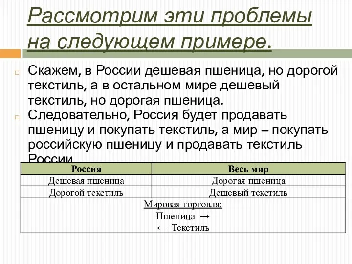 Рассмотрим эти проблемы на следующем примере. Скажем, в России дешевая пшеница,