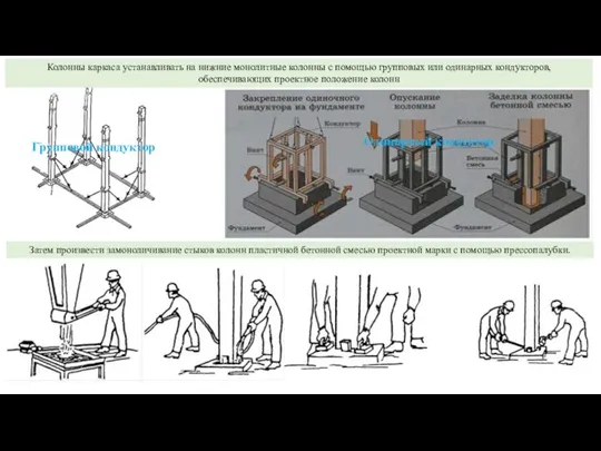 Групповой кондуктор Затем произвести замоноличивание стыков колонн пластичной бетонной смесью проектной