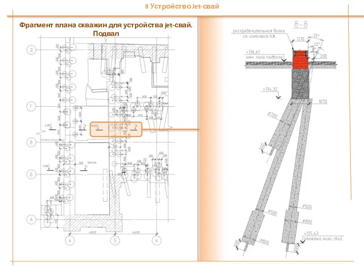 Фрагмент плана скважин для устройства jet-свай. Подвал II Устройство Jet-свай