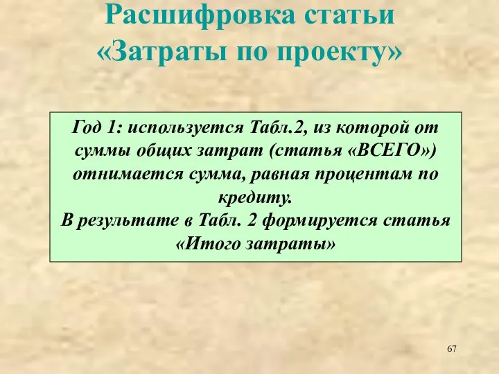 Расшифровка статьи «Затраты по проекту» Год 1: используется Табл.2, из которой