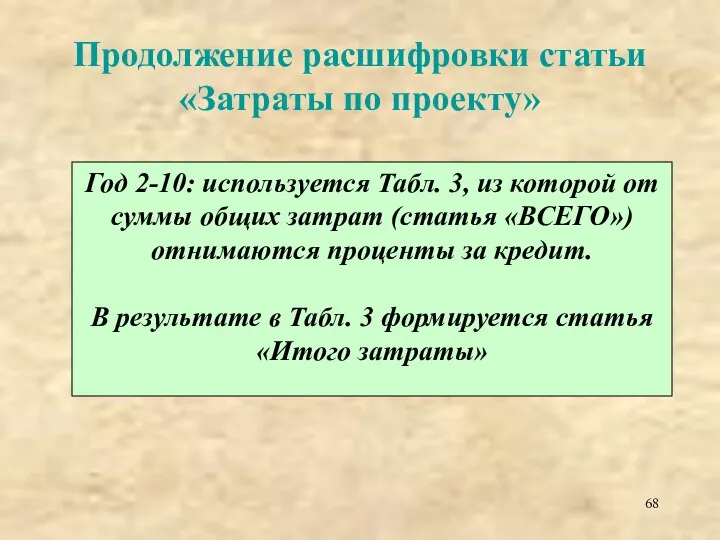 Продолжение расшифровки статьи «Затраты по проекту» Год 2-10: используется Табл. 3,