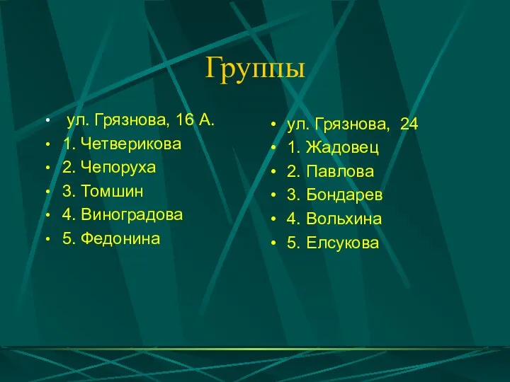 Группы ул. Грязнова, 16 А. 1. Четверикова 2. Чепоруха 3. Томшин