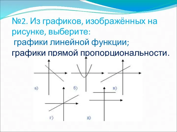 №2. Из графиков, изображённых на рисунке, выберите: графики линейной функции; графики прямой пропорциональности.