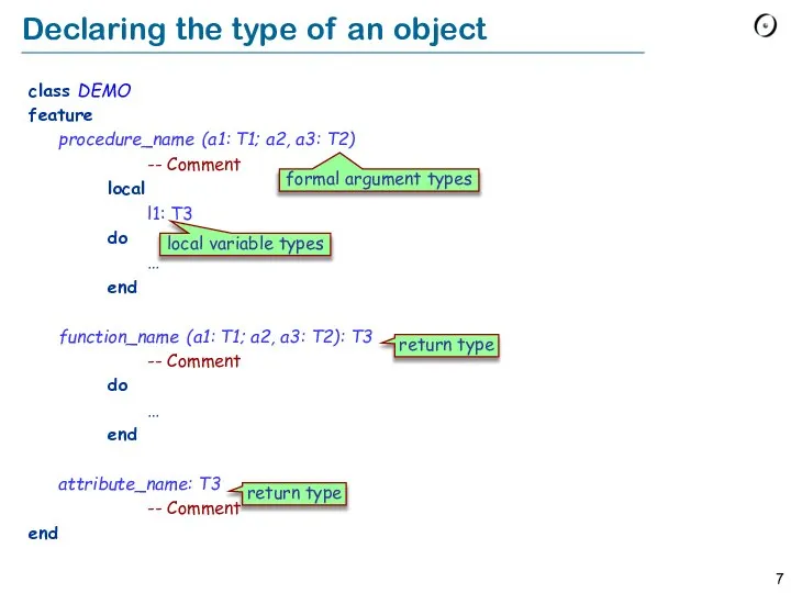 Declaring the type of an object class DEMO feature procedure_name (a1: