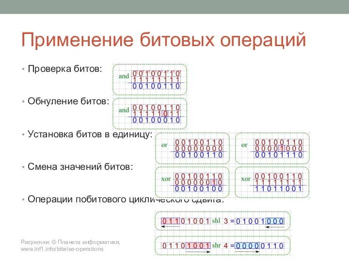 Применение битовых операций Проверка битов: Обнуление битов: Установка битов в единицу: