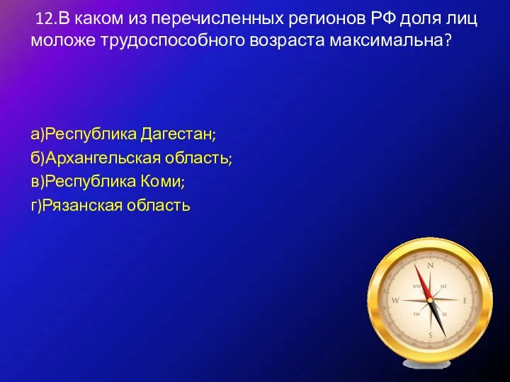 12.В каком из перечисленных регионов РФ доля лиц моложе трудоспособного возраста