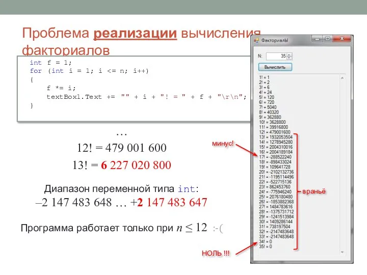 Проблема реализации вычисления факториалов … 12! = 479 001 600 13!