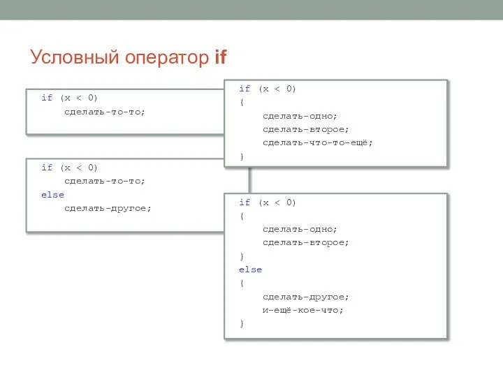 Условный оператор if if (x сделать-то-то; if (x сделать-то-то; else сделать-другое;