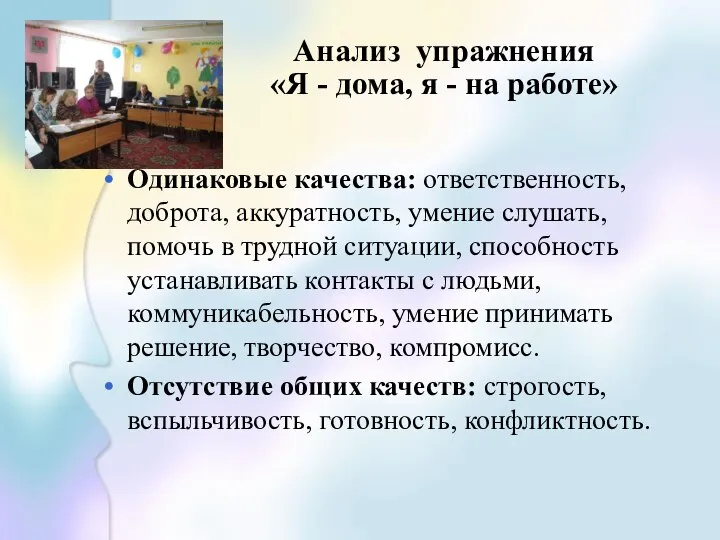 Анализ упражнения «Я - дома, я - на работе» Одинаковые качества: