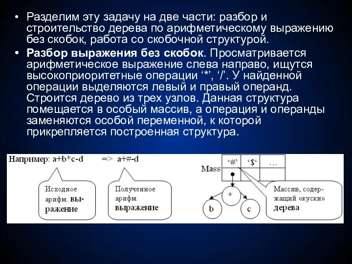 Разделим эту задачу на две части: разбор и строительство дерева по