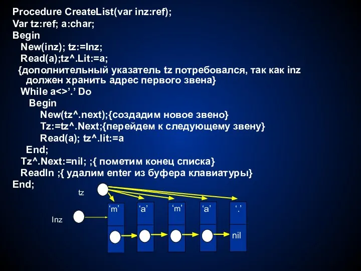 Procedure CreateList(var inz:ref); Var tz:ref; a:char; Begin New(inz); tz:=Inz; Read(a);tz^.Lit:=a; {дополнительный