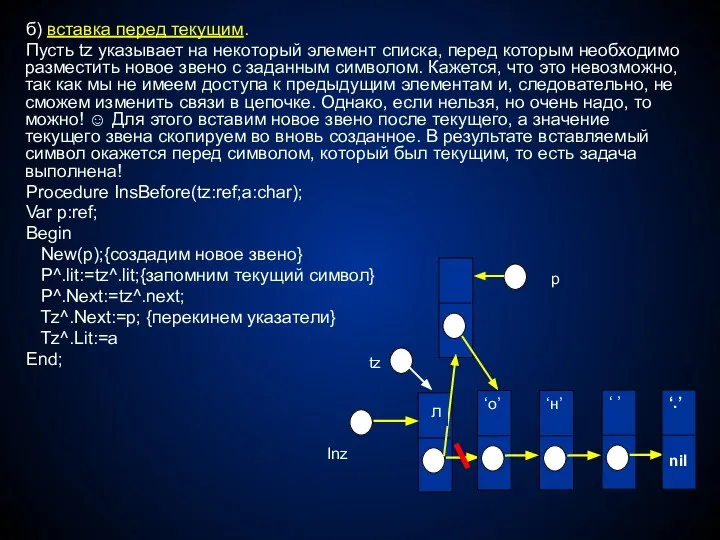 б) вставка перед текущим. Пусть tz указывает на некоторый элемент списка,