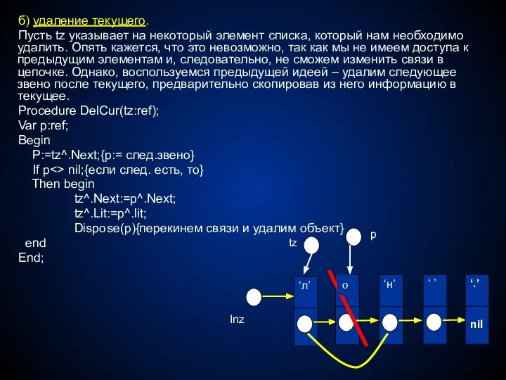 б) удаление текущего. Пусть tz указывает на некоторый элемент списка, который