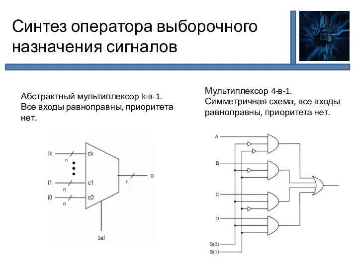 Синтез оператора выборочного назначения сигналов Мультиплексор 4-в-1. Симметричная схема, все входы