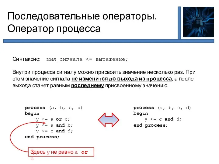 Последовательные операторы. Оператор процесса Синтаксис: имя_сигнала Внутри процесса сигналу можно присвоить