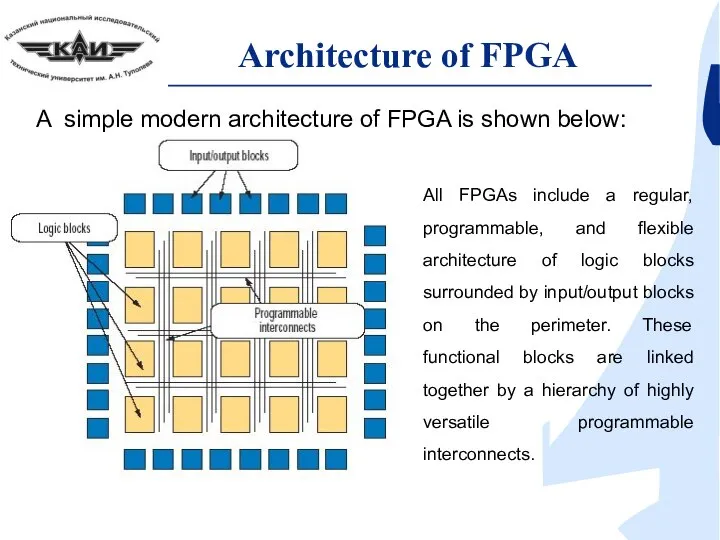 A simple modern architecture of FPGA is shown below: Architecture of