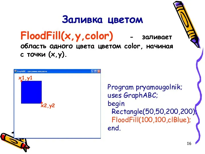 Заливка цветом FloodFill(x,y,color) - заливает область одного цвета цветом color, начиная