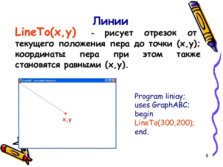 Линии LineTo(x,y) - рисует отрезок от текущего положения пера до точки