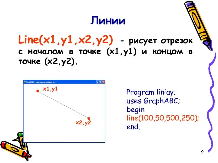 Линии Line(x1,y1,x2,y2) - рисует отрезок с началом в точке (x1,y1) и