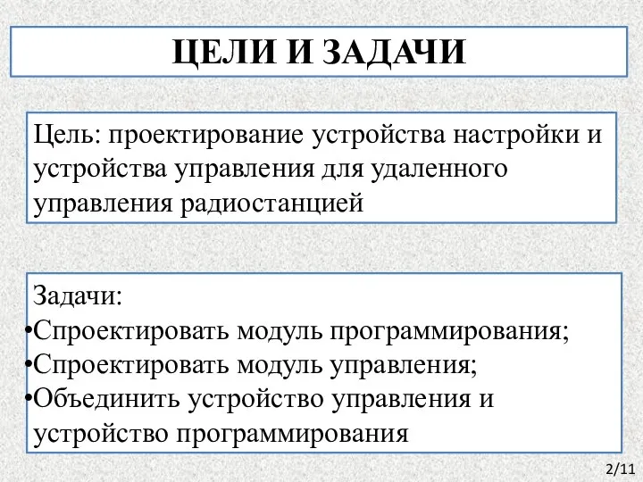 ЦЕЛИ И ЗАДАЧИ Задачи: Cпроектировать модуль программирования; Cпроектировать модуль управления; Объединить