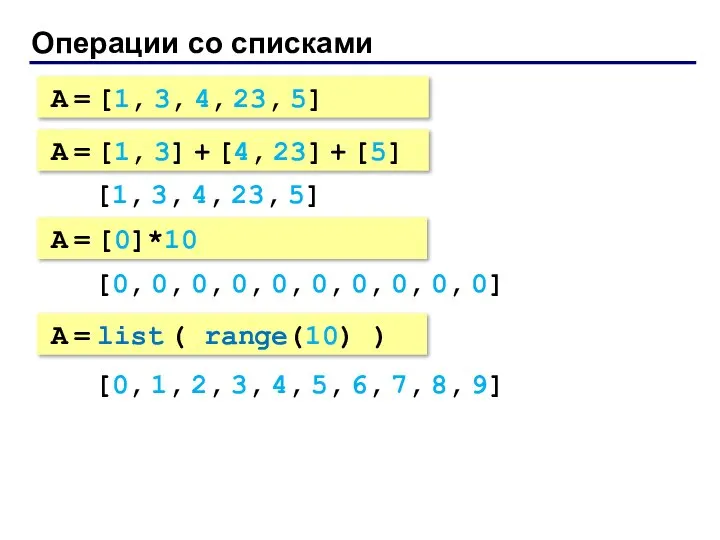 Операции со списками A = [1, 3, 4, 23, 5] A