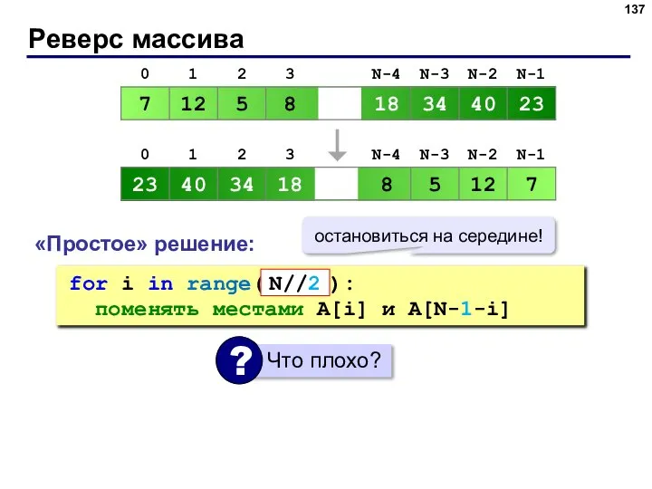 Реверс массива «Простое» решение: for i in range( N ): поменять