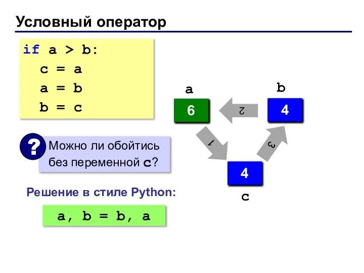 Условный оператор if a > b: с = a a =