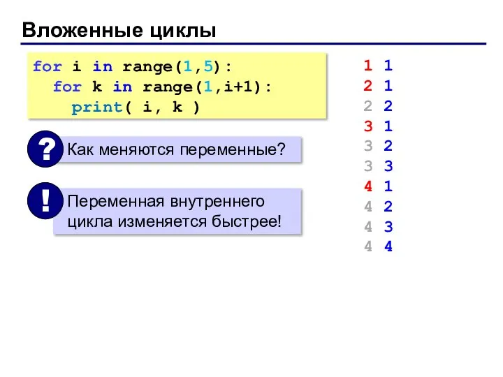 Вложенные циклы for i in range(1,5): for k in range(1,i+1): print(