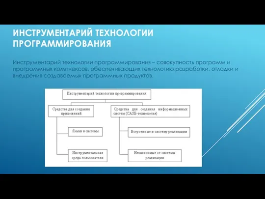 ИНСТРУМЕНТАРИЙ ТЕХНОЛОГИИ ПРОГРАММИРОВАНИЯ Инструментарий технологии программирования – совокупность программ и программных