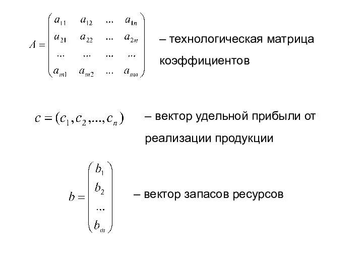 – технологическая матрица коэффициентов – вектор удельной прибыли от реализации продукции – вектор запасов ресурсов