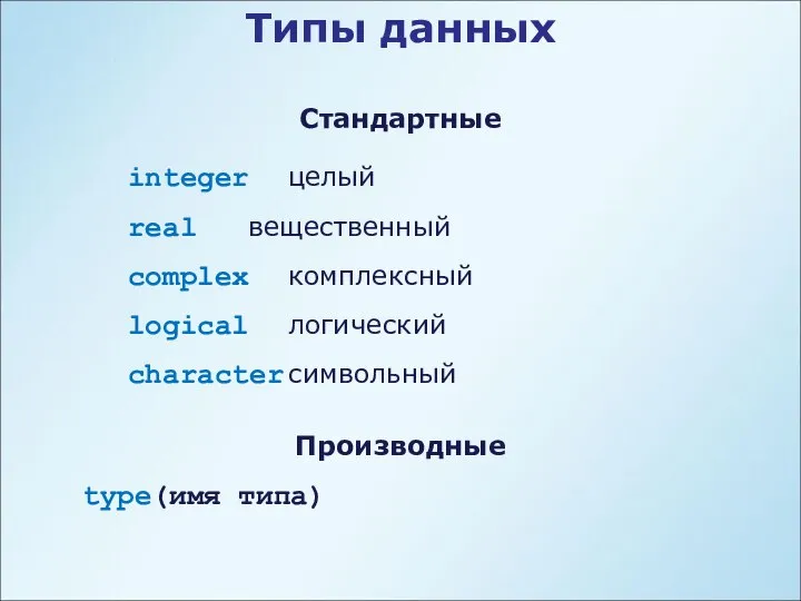 Типы данных Стандартные Производные type(имя типа) integer целый real вещественный complex комплексный logical логический character символьный