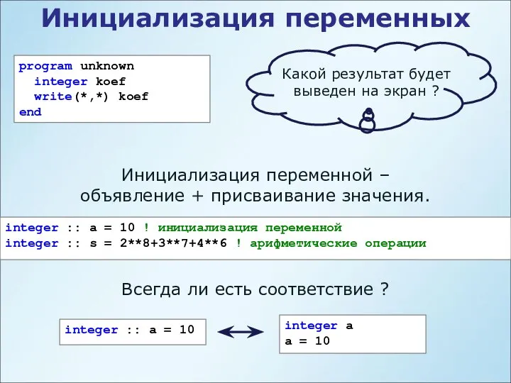 Инициализация переменной – объявление + присваивание значения. program unknown integer koef