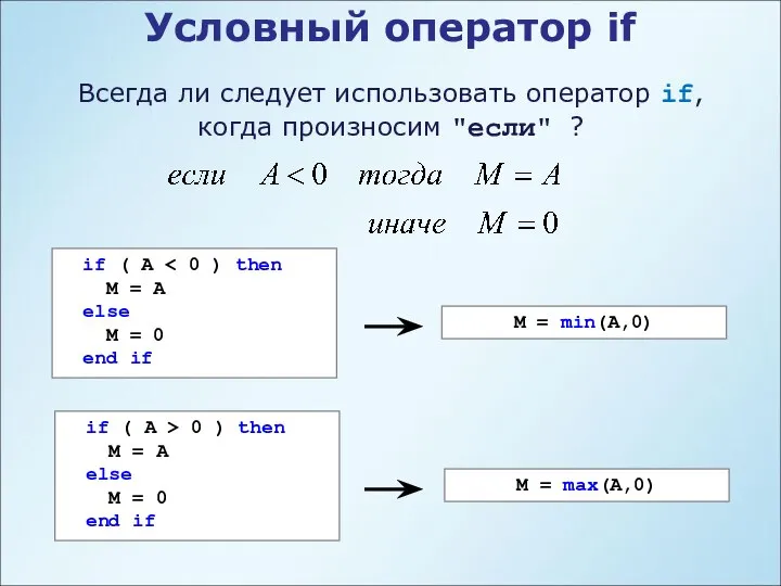 Условный оператор if Всегда ли следует использовать оператор if, когда произносим