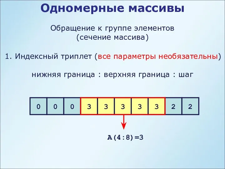 Одномерные массивы Обращение к группе элементов (сечение массива) 1. Индексный триплет