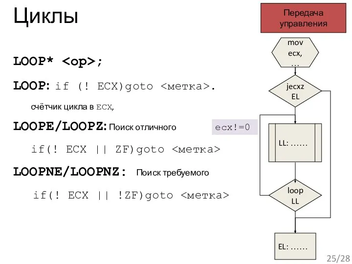 Циклы LOOP* ; LOOP: if (! ECX)goto . счётчик цикла в