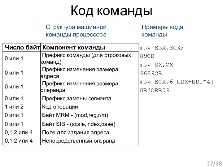 Код команды Структура машинной команды процессора mov EBX,ECX; 89CB mov BX,CX